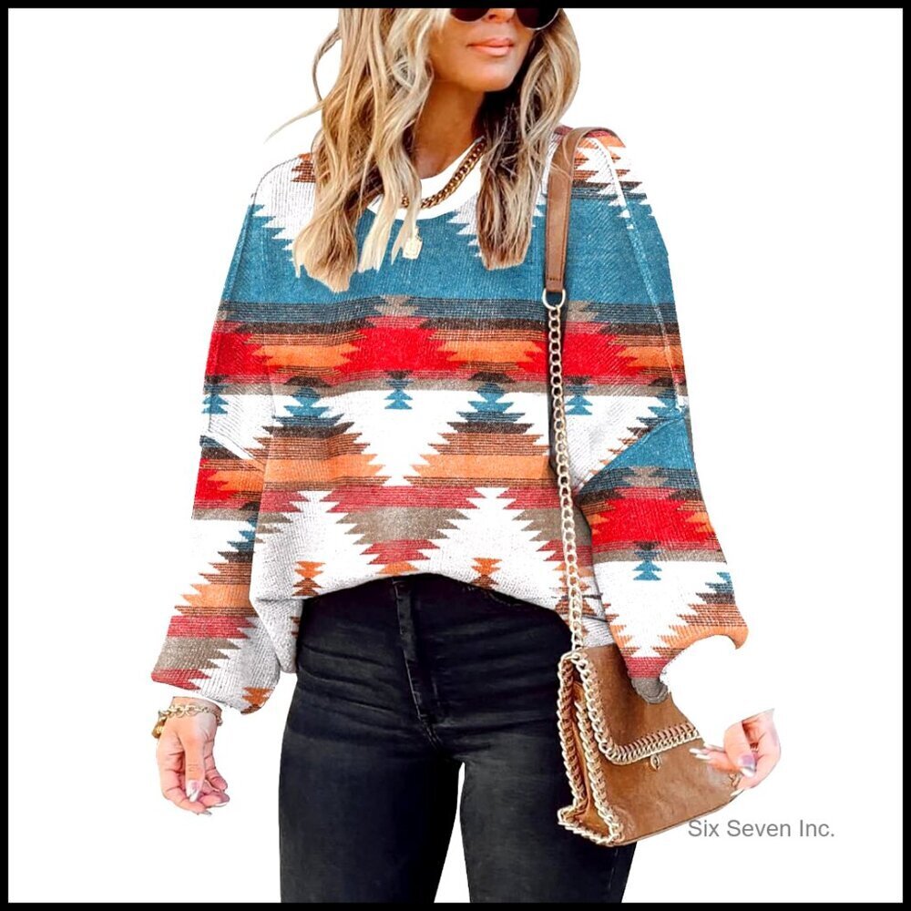 Oversized Batwing Sleeve Pullover Sweater Chunky Knit Colorblock Striped Tunic